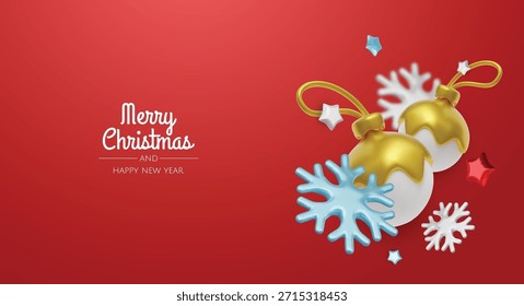 Minimal Christmas layout featuring gold ornaments, stars and snowflakes, ideal for holiday cards, banners and festive branding