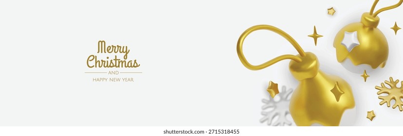 Minimales Weihnachtslayout mit goldenen Ornamenten, Sternen und Schneeflocken, ideal für Weihnachtskarten, Banner und festliche Branding
