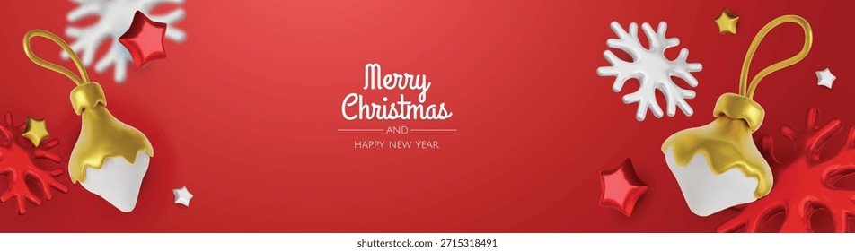 Minimal Christmas layout featuring gold ornaments, stars and snowflakes, ideal for holiday cards, banners and festive branding
