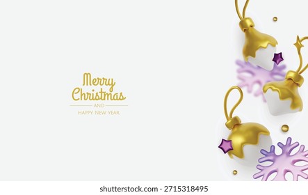 Minimales Weihnachtslayout mit goldenen Ornamenten, Sternen und Schneeflocken, ideal für Weihnachtskarten, Banner und festliche Branding