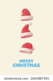 Cartel de Navidades mínimas con tres sombreros de Santa de semitono rojo y tipografía azul audaz. Diseño de Vector limpio perfecto para invitaciones festivas, tarjetas de temporada y gráficos de marketing navideño.