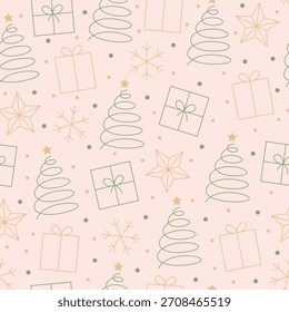 Minimale Weihnachten nahtloses Muster mit Geschenkboxen, Sternen und Bäumen. Vektorgrafik