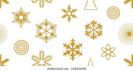 Minimal Christmas seamless pattern with trendy geometric motifs. Golden snowflakes and festive symbols with different ornaments. Retro design collection. On white background.