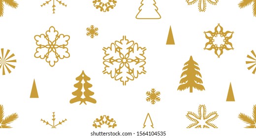 	
Minimal Christmas seamless pattern with trendy geometric motifs. Golden snowflakes and fir trees with different ornaments. Retro design collection. On white background.