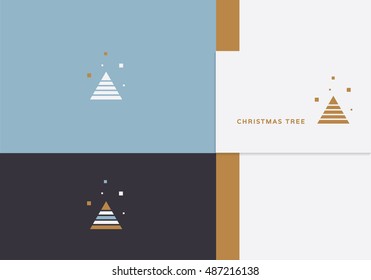 Minimal Christmas tree logo icon in simple triangle shape concept with small snowflakes squares