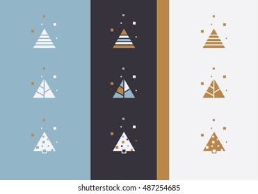 Minimal Christmas tree logo icon set, abstract triangle shape concepts with square snowflakes