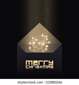 Minimal Christmas tree logo icon.Shiny Xmas tree in an envelope on black background for Merry Christmas celebration, can be use as banner, flyer or poster.