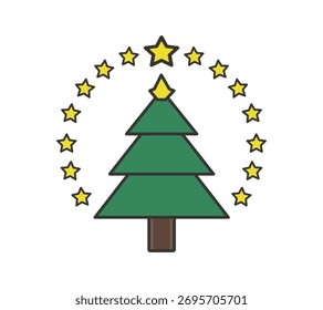 Minimaler Weihnachtsbaum aus grünen Punkten mit gelbem Stern auf festlichem abstraktem Design für saisonale Projekte und Dekorationen