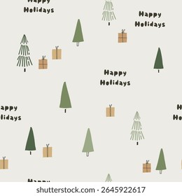 Minimal Christmas Trees Seamless Pattern on Beige. Holiday Background Good for Wrapping paper, Textile, Wallpaper