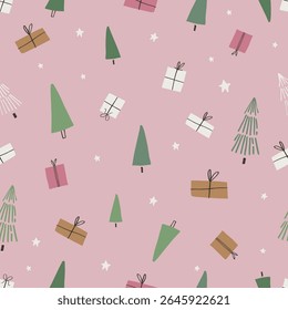 Minimal Christmas Trees Seamless Pattern on Pink. Holiday Background Good for Wrapping paper, Textile, Wallpaper