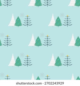 Árvores de Natal mínimas Padrão de vetor sem emenda, ideal para embalagem de feriado, envoltório de presente, têxteis, cartões de saudação, web design e projetos de marca sazonal.