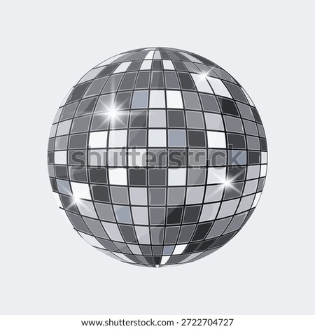 Minimal chrome disco ball illustration with reflective metallic surface on light background. Modern abstract sphere with mirror effect and geometric facets. Clean futuristic design for posters, layouts, branding and creative projects.