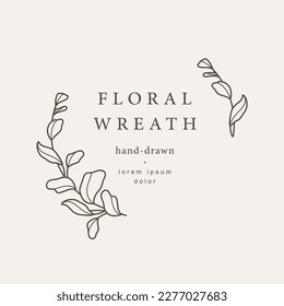 Minimal circle flower frame. Hand drawn logo template in line art with flowers. Vector illustration for labels, branding business identity, wedding invitations