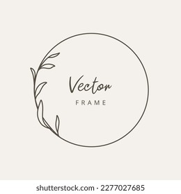 Minimal circle flower frame. Hand drawn logo template in line art with flowers. Vector illustration for labels, branding business identity, wedding invitations
