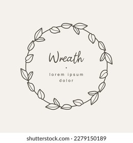 Minimal circle flower frame. Hand drawn logo template in line art with flowers. Vector illustration for labels, branding business identity, wedding invitations