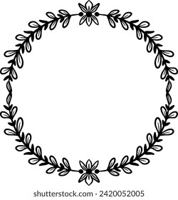 Minimal circle flower frame. Hand drawn logo template in line art with flowers