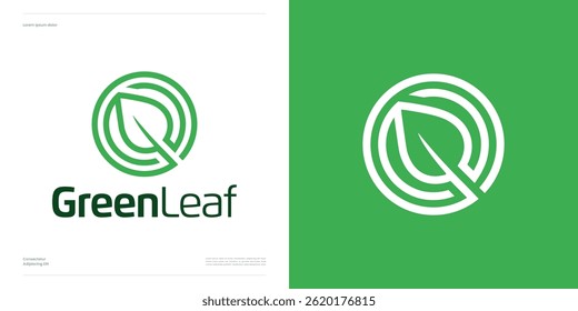 Minimal circle leaf with green fresh color for nature, Logo icon design vector illustration editable, Symbol leaves branch plant with creative modern monogram concept for brand identity business