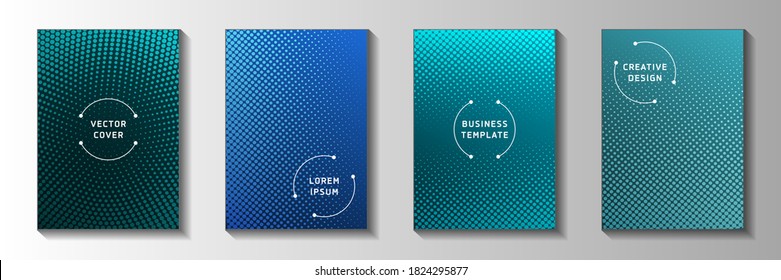 Minimal circle screen tone gradation cover page templates vector series. Geometric banner faded screen tone backgrounds. Retro comics style cover leaflets. Linear design.