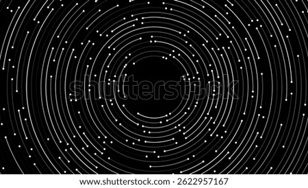 Minimal Circular Tech Grid with White Lines and Nodes on Black Background. Abstract Digital Network or AI Core Concept for Technology and Data Visualization. Vector Illustration.