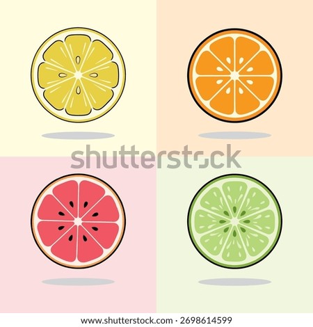 Minimal Citrus Fruit Slices Vector Set — Lemon, Orange, Grapefruit, and Lime on Pastel Background