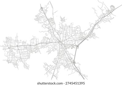 Minimal City Map Line Art, Urban Street Network Illustration, Black and White Road Layout Vector Design