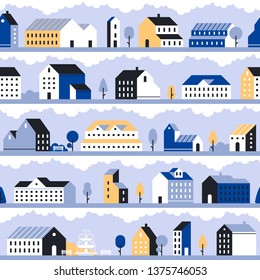 Minimal city pattern. Minimalistic town landscape, modern homes houses and geometric cityscape vector seamless background