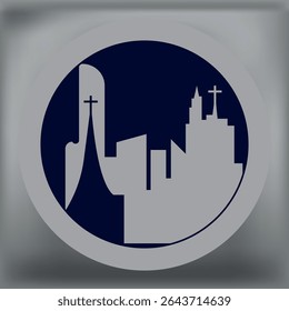 Minimal city skyline in circular frame with modern and classical church silhouettes, featuring crosses and simple gray-blue color scheme on smooth background.