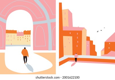 Minimal cityscape. Aesthetic illustration with cityscape. Abstract architecture backgrounds with buildings. Urban town street. Modern building vector illustration, cover, template, poster, etc.
