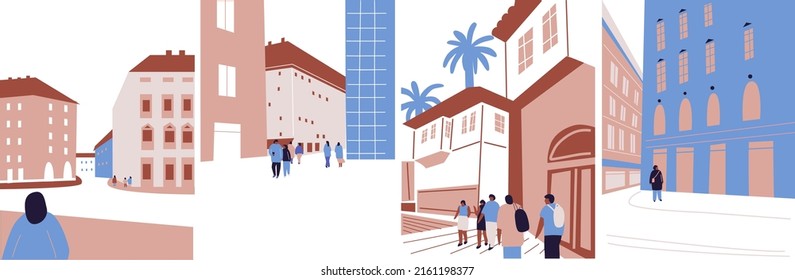 Minimal cityscape. Aesthetic illustration with cityscape. Abstract architecture backgrounds with buildings. Urban town street. Modern building vector illustration, cover, template, poster, etc.
