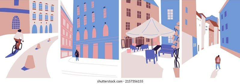 Minimal cityscape. Aesthetic set illustration with cityscape. Abstract architecture backgrounds with buildings. Urban town street. Modern building vector illustration, cover, template, poster, etc.
