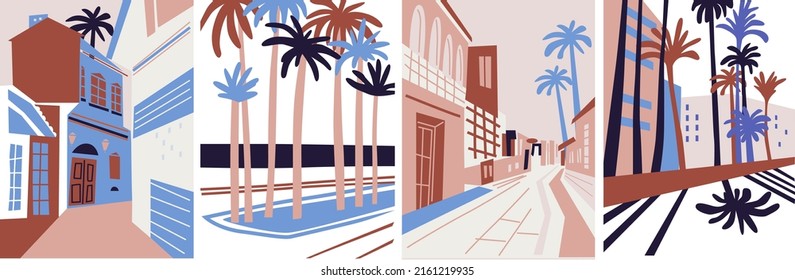 Minimal cityscape. Aesthetic set illustration with cityscape. Abstract architecture backgrounds with buildings. Urban town street. Modern building vector illustration, cover, template, poster, etc.
