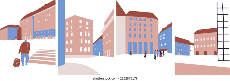 Minimal cityscape. Aesthetic set illustration with cityscape. Abstract architecture backgrounds with buildings. Urban town street. Modern building vector illustration, cover, template, poster, etc.