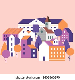 Minimal cityscape. Flat town houses with eco nature environment, modern geometric buildings. Cityscape background, vector illustration