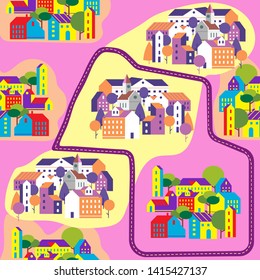 Minimal cityscape. Flat town houses with eco nature environment, modern geometric buildings. Cityscape background, seamless pattern vector illustration