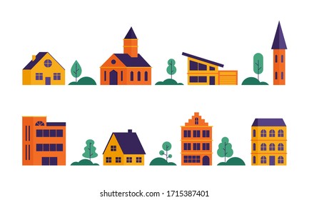 Minimal cityscape house set. Abstract city landscape flat style, simple geometric buildings with trees bushes. Design templates for banners, covers, websites. Vector illustration