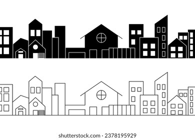 minimal cityscape vector illustration. line, silhouette, simple and sketch style. black and white. used for banner, background, symbols, signs or prints. editable stroke