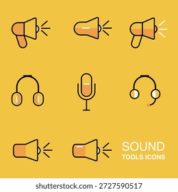 Conjunto de iconos vectoriales de herramientas de audio y sonido mínimo y limpio con auriculares, altavoces, micrófono, megáfono y equipo de música. Perfecto para App, Sitios web, UI, medios de comunicación y proyectos de tecnología.