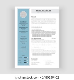 Minimal Clean CV / resume template. Minimalist vector template. Modern in blue style. Curriculum vitae design.