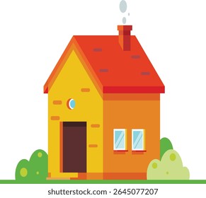 Een minimale en schone platte vectorillustratie van een klein huis. Bevat elementaire architectonische elementen zoals dak, ramen en deuren.