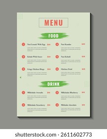 Minimal Clean Food Menu Design vector Eps, Food menu design and template, Fast food restaurant menu design idea, menu design. Vector cafe template with hand-drawn graphic.