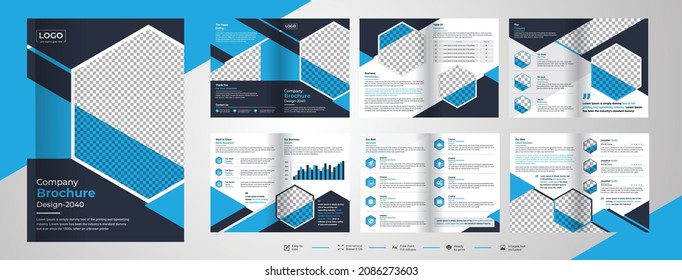 Minimal  clean geometric design of 12 page Blue color template for brochure, magazine, catalog or company report. A4 size,12 pages business company profile brochure design