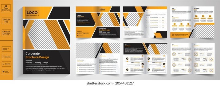 Minimal  clean geometric design of an 12page yellow color template for brochure, flyer, magazine, catalog or company report. A4 size,12pages business company profile brochure design,Corporate Brochure