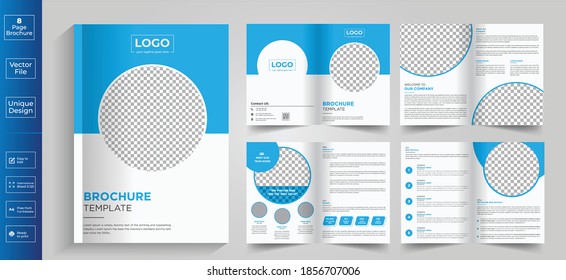 Minimal & clean geometric design of 8 page blue color template for brochure..8 Pages Creative Business Brochure with modern abstract design.8 Pages Creative Business Brochure with modern abstract desi