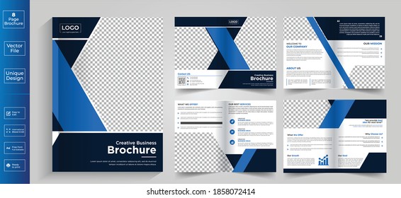 Minimal & clean geometric design of 8 page blue color template for brochure..8 Pages Creative Business Brochure with modern abstract design.8 Pages Creative Business Brochure with modern abstract desi