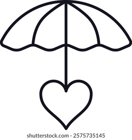 Minimal and clean line art vector icon of an umbrella protecting a heart, representing love insurance, healthcare, and protection of loved ones