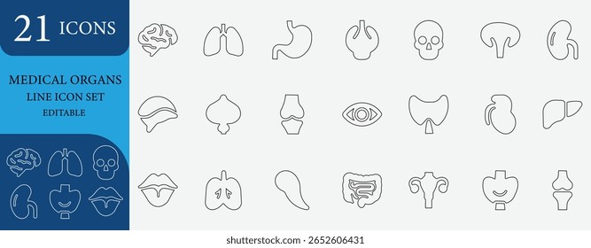 Minimal and clean line icon set of human organs including brain, lungs, heart, liver, kidney, stomach, intestine, bladder and more. Perfect for healthcare, anatomy, and medical use.
