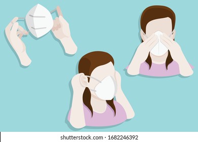 Minimal clean smooth 2d shaded infographics depicting a faceless doctor woman wearing a hygienic mask in 3 steps - spread out the strap, wear it by pulling behind the ears, and press the mask tightly