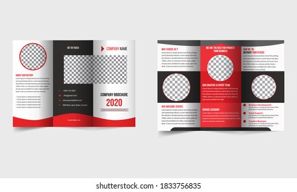 Minimal and clean tri fold brochure design with circle, corporate business template for tri fold flyer. 
Layout with red-black color and abstract circle background. 
Creative concept folded flyer or b