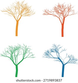 Eine minimale und saubere Vektorgrafik von blattlosen Bäumen in vier verschiedenen Farben, die Jahreszeiten, Naturzyklus, Wachstum und Umweltkonzepte symbolisieren. Ideal für Infografiken, Präsentationen, Poster, Lehrmaterialien, Ökodesigns, Hintergründe, Branding und moderne Grafikprojekte. Einzeln auf weißem Hintergrund mit einem flachen und abstrakten Stil.