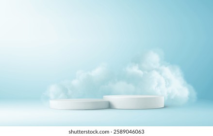 Minimal Clean White Pedestal with Cloudy Sky Backdrop for Display and Branding Design. Vector illustration